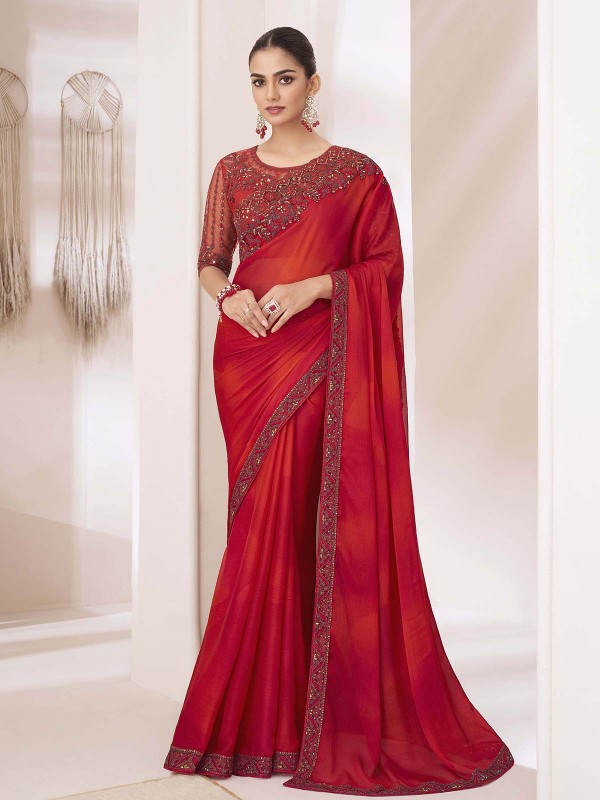 Red Shaded Silver Chiffon Saree